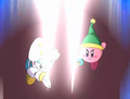Sword Kirby striking alongside Princess Rona in A Princess in Dis-Dress. (Kirby: Right Back at Ya!)