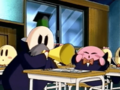 Chief Bookem disturbs Kirby by singing through a megaphone at him.