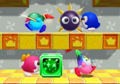 Kirby Fighters Deluxe credits picture of a Sword Kirby running away from Lololo pushing a Gordo