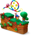 Artwork of Kirby riding a rainbow rope while Waddle Dee runs along the ground, from Kirby and the Rainbow Curse