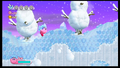 Kirby skates gracefully past the snowmen that try to fall on him.