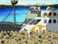 King Dedede's cruise ship pulls into the harbor.