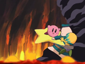 Kirby using his Warp Star to rescue Chief Bookem and Tuff from the Booma-Dooma Volcano