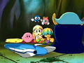 Meta Knight suggests that Kirby ride the Formula Star to give the Warp Star a break.