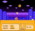 Kirby ducks to avoid the shooting stars sent by Mr. Shine in the night sky while Mr. Bright waits to tackle him.