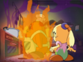 Chef Kawasaki is engulfed in flames after tasting the smallest drop of his Toxic Atomic Curry in A Spice Odyssey.
