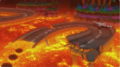 Concept art of an abandoned road filled with lava for Kirby and the Forgotten Land