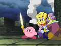 Kirby pulls the Galaxia out of Meta Knight's scabbard