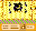 Kirby lands a blow on Meta Knight, causing the screen to pixelate.