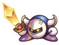 Artwork of Meta Knight from Kirby Super Star, wielding a generic golden sword with a red gem.