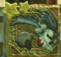 A stone plate of Shadow Kirby and Dark Meta Knight's official art from Kirby & The Amazing Mirror, in the Sacred Square stage of Kirby Star Allies