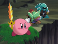 Kirby poses with the Galaxia after defeating WolfWrath.