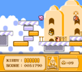 Kirby leaps towards a crowd of opponents in the cloud city.