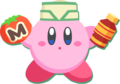 Café-Staff Kirby holding a Maxim Tomato from Waddle Dee Café: Help Wanted! in Kirby and the Forgotten Land