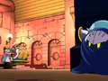 Meta Knight spies on King Dedede and Escargoon in a flashback.