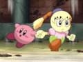 Tiff rescues a panicking Kirby from the collapsing stadium.