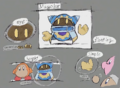 Concept art of Magolor, comparing his hand to Kirby's hand (Kirby's Return to Dream Land Deluxe)