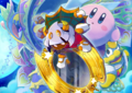 "Rockabilly And Blues" Celebration Picture from Kirby Star Allies, featuring Taranza sadly looking into the Dimension Mirror with pre-transformed Sectonia trapped within it