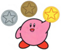 Kirby holding each type of medal
