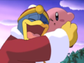 King Dedede embraces Kirby, just glad to know he is alive and well.