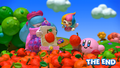 Screenshot of the ending screen for Kirby and the Rainbow Curse, where Claycia and Elline paint apples for Kirby
