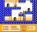 Kirby climbs a ladder on the blue side of the last room.