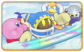 Screenshot of the remastered opening cutscene, showing Magolor explaining Kirby's (and his friends') new quest