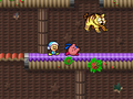 Screenshot of a shocked Galbel being thrown by Kirby in Purple Plants.