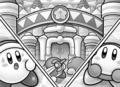 Sword Kirby and Waddle Dee arrive at the entrance to the venue, in Kirby's Decisive Battle! Battle Royale!!