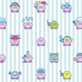 Artwork of Yellow, Green, and Pink Kirby with various Copy Abilities and costumes