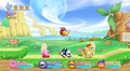 Kirby, Meta Knight, King Dedede, and Bandana Waddle Dee advancing through the stage.