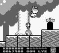Kirby and Coo flying over a Poppy Bros. Jr. to reach a stage exit in Kirby's Dream Land 2