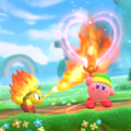 Tip image of a Burning Leo giving Sword Kirby the Sizzle enchantment in Kirby Star Allies