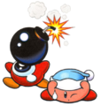 Kirby Super Star artwork of Kirby using Bomb on a Waddle Doo