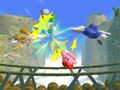 Screenshot of Scarfy being beaten up by three Knuckle Joes and Fighter Kirby in Kirby for Nintendo GameCube