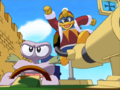 Escargoon uses the Armored Vehicle's robotic arm to apprehend King Dedede.