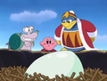 Dedede and Escargoon goad Kirby into eating the egg.