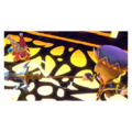 Credits image of Zan Partizanne about to fight Waddle Doo in Heavenly Hall from Kirby Star Allies
