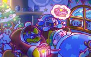 Illustration from the Kirby JP Twitter commemorating Christmas in 2017, featuring four treasures from The Great Cave Offensive on Kirby's fireplace: the Phanto Mask, the Seasons Heart, the Cell Phone, and the Lucky Cat