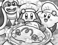 Illustration of Bandana Waddle Dee being excited from the omurice from Kirby: Uproar at the Kirby Café?!.