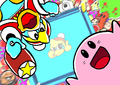 "The First Rival" Celebration Picture from Kirby Star Allies, featuring Kirby about to fight King Dedede in the wrestling ring of Kirby's Dream Land