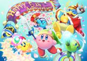 Kirby Fighters Deluxe and Dedede's Drum Dash Deluxe 5th anniversary, featuring King Dedede wearing a Taranza mask