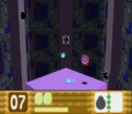 Kirby jumps carefully to avoid the Wall Shotzos' fire as he rides the elevator up through an inverted techno-pyramid