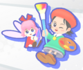 Pause screen art of Adeleine & Ribbon from Kirby Star Allies, where Ribbon holds a Crystal Shard