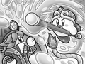 Splash Staff Kirby about to douse Flamberge's Mega Broiler fuse in Kirby Star Allies: The Great Friend Adventure!