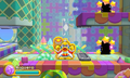 Camouflaging behind a King Dedede cardboard in Kirby: Triple Deluxe