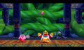 Screenshot from the start of Eternal Dreamland, where Kirby and King Dedede are panicking just prior to being given a weapon by the People of the Sky