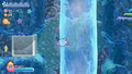 Kirby spots a Super Inhale Block on his way down a waterfall.