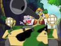 King Dedede and Escargoon drive their Armored Vehicle into the canyon.