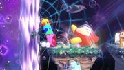 Four Kirbys piggybacking in Kirby's Return to Dream Land Deluxe